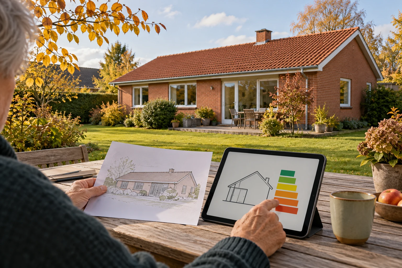 Illustreret boligejer ved et murstenshus sammenligner en hustegning med en tablet med energifarver