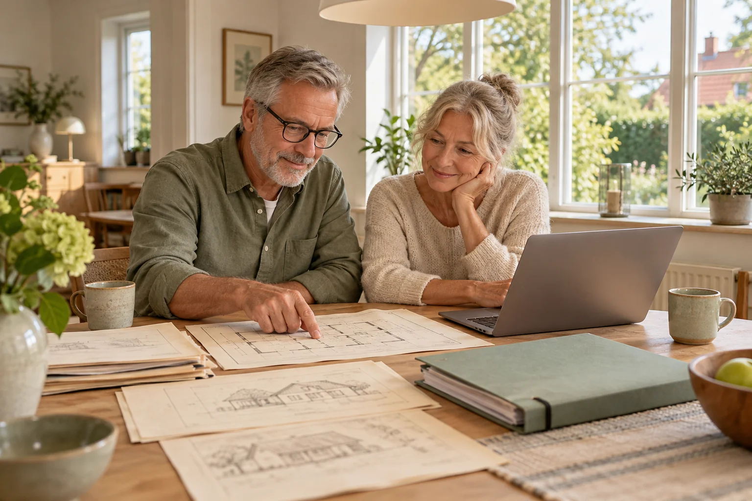Egen illustration af to boligejere, der sammenligner gamle hustegninger og rapporter ved et bord